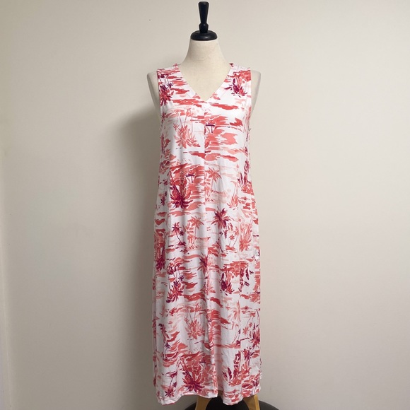 Cuddl Duds White Coral Beach Scape V Neck Sleeveless Midi Dress Large Palm Trees - Picture 2 of 11